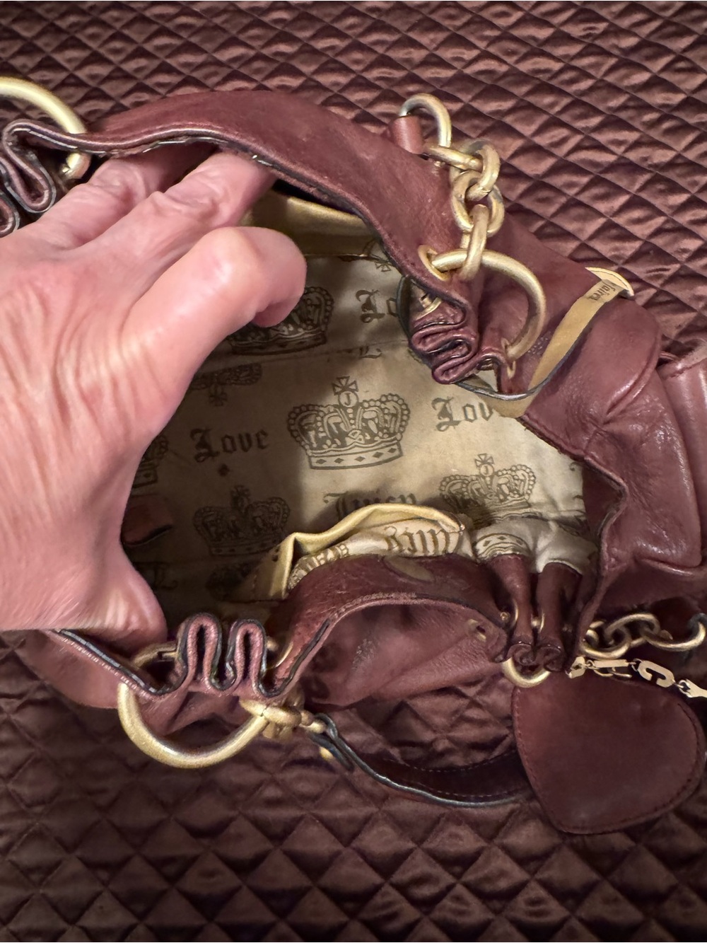 Vintage Juicy Coture Brown Leather Chain-Handle Women's Hobo Shoulder Bag - Picture 7 of 14